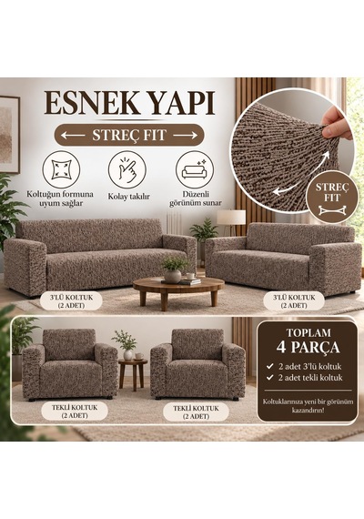 Altınkoza Koltuk Örtüsü - 3+3+1+1 Takım -%100 Pamuklu Esnek Streç Kumaş - Her Tip Kanepeye Uyumlu - Salon Oturma G Çok Renkli