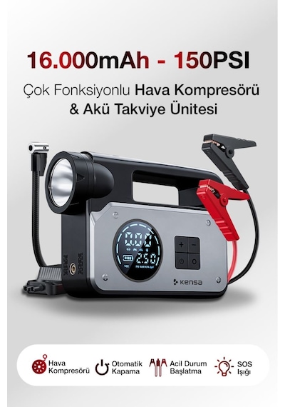 3 Ü 1 Arada Akü Takviye Cihazı Ve Hava Pompası 150 Psı Dijital Kompresör 16.000mah Powerbank Type-c