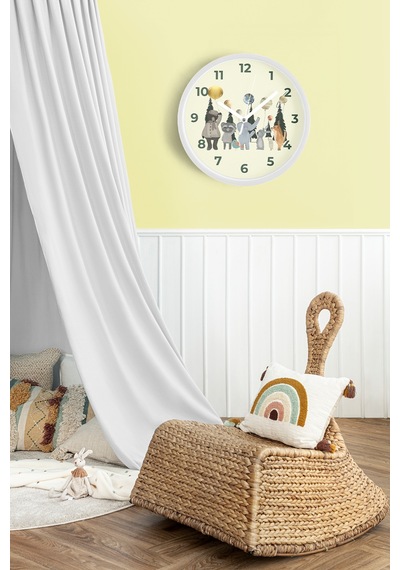 Sevimli Hayvanlar Çocuk Odası Modern Duvar Saati - 35cm - Önü Camlı Beyaz Kasa - Sessiz Mekanizma Beyaz