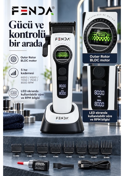 Fenda Profesyonel Bldc Motor 8000 Rpm Saç Kesme Makinesi Beyaz