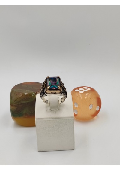 Mistik Topaz Yan Koları Onıks Taşlı Kare 925 Ayar 25 Mm 17,00 Gr. Erkek Yüzüğü Gümüş