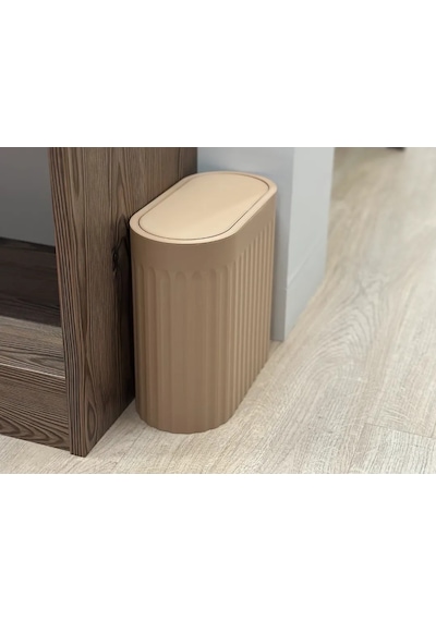 3d Baskı Yivli Oval Çöp Kutusu Sallanır Kapaklı Banyo Tuvalet Mutfak Ofis Kovası 24x12x23 Cm Bej