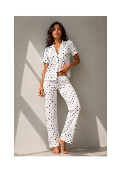 Fit Women Kadın Klasik Doğal Düğme Gece Kar Beyaz Pijama Takımı