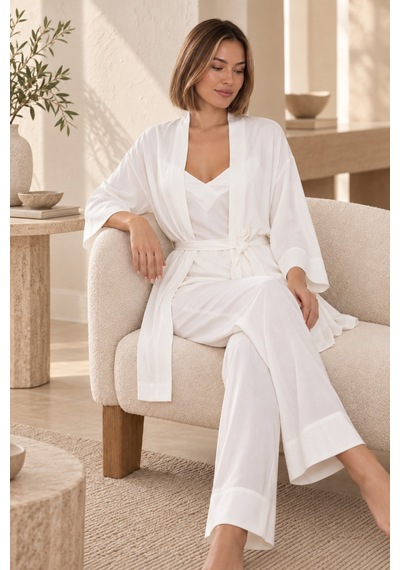 Loule Kadın Ekru Çizgili Kimonolu Pamuklu Pijama Takımı 3 Parça
