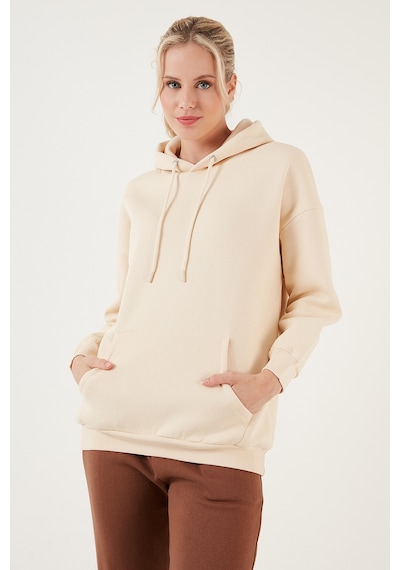 Lela Regular Fit Pamuklu Kapüşonlu Yaka Şardonlu Kışlık Bayan Sweat 5863854 Taş