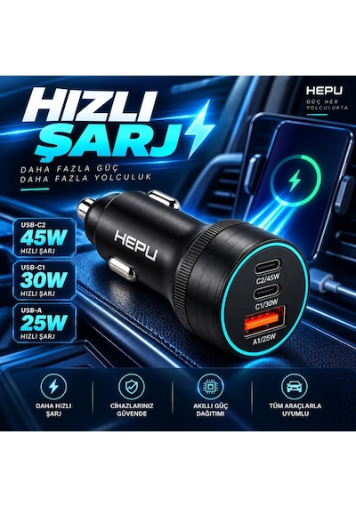 Hp-ad01 105w Gan 3 Portlu Araç İçi Hızlı Şarj Cihazı 2x Type-c + Usb-a Çakmaklık Şarj Adaptörü