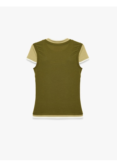 Koton Slim Fit Bisiklet Yaka Katmanlı Viskon Karışımlı Kısa Kollu Tişört Haki 6sal10435ık