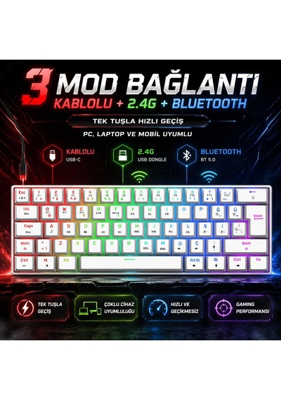 Kyra Mk61 Rgb Mekanik Gaming Oyuncu Klavyesi,%60 Kompakt, Bluetooth & 2.4g Kablosuz + Kablolu, Huano Red Switch, Türkçe Q,beyaz