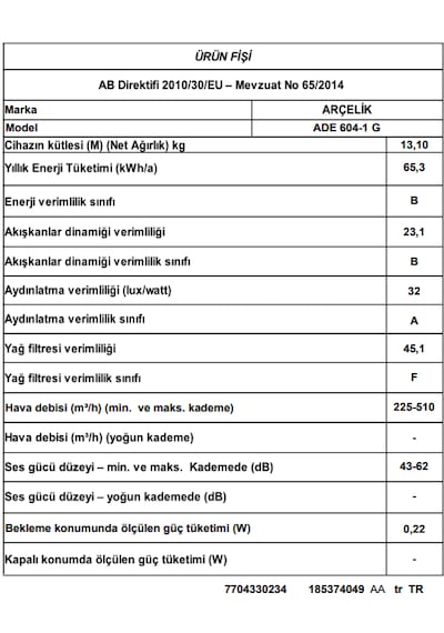 Arçelik ADE 604-1 G Ankastre Duvar Tipi Davlumbaz