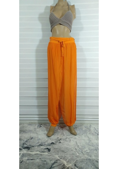 Bohem Stil İtalyan Kapaklı Ipek Şalvar Pantolon-8783 Turuncu
