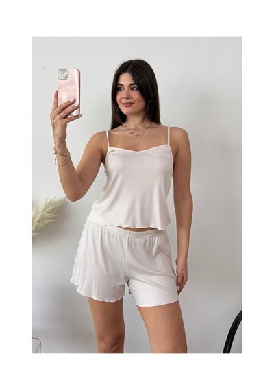 Giysa Kadın Askılı Şortlu Pijama Takımı Krem - 3300