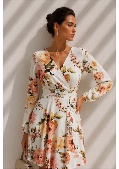 DefyModa Kadın Bohem Kruvaze Yaka Mini Uzun Kollu Abiye Elbise Çok Renkli
