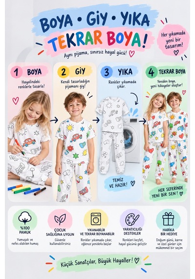 Pijamask Boyanabilir Unisex Çocuk Pijama Takımı 6 Renk Keçeli Kalem Hediyeli, Yıka Tekrar Boya, %100 Pamuk Beyaz Pijamask Boyanabilir Unisex Çocuk Pijama Takımı 6 Renk Keçeli Kalem Hediyeli, Yıka Tekrar Boya, %100 Pamuk Beyaz