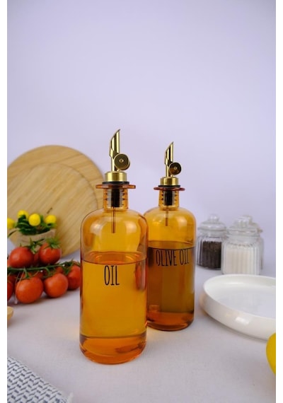 Digithome 2'li Zeytinyağı Ve Sıvıyağ Şişesi Otomatik Kapaklı Etiketli Yağdanlık Amber 500 Ml I/8 C1-1-289