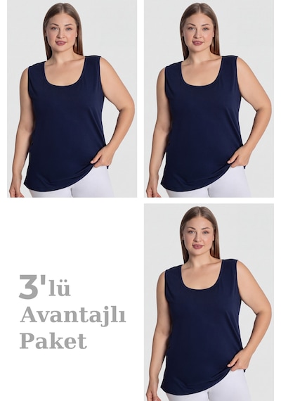 Arma Yıldız Kadın Pamuklu Büyük Beden Kalın Askılı Atlet 3'lü Paket Lacivert-3