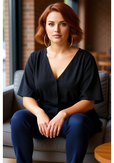 Ersefa Moda Büyük Beden V Yaka Dokuma Regular Düz Desen Casual Günlük Re siyah
