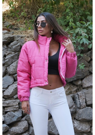 Keyifli Moda Kadın Pembe Dik Yaka Çıtçıtlı Fermuarlı Kısa Şişme Mont - 40 Pembe