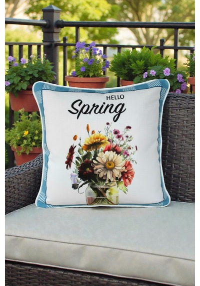 Kırlent Kılıfı Bahar Temalı Hello Spring 45x45 Raşel Örme Kadife Dijital Baskı Beyaz Biyeli Çok Renkli
