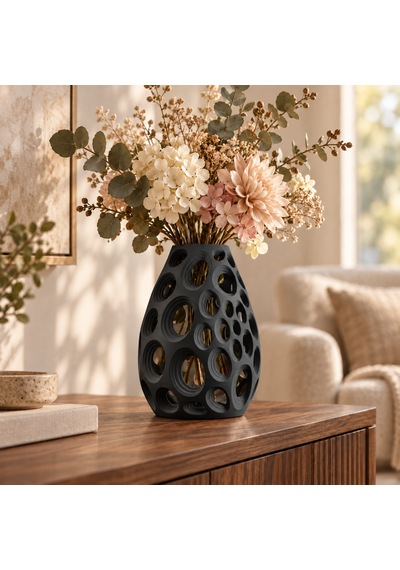 Dekoratif Vazo 20 Cm Oval Delikli Modern Tasarım Kuru Ve Yapay Çiçek Vazosu Siyah