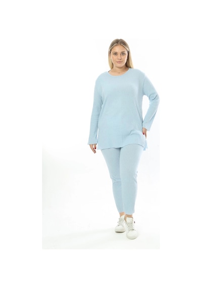Modasehle Büyük Beden Uzun Kollu Yüksek Bel Beli Lastikli Yırtmaçlı İnce Pijama Takım Uzun-mavi Modasehle Büyük Beden Uzun Kollu Yüksek Bel Beli Lastikli Yırtmaçlı İnce Pijama Takım Uzun-mavi