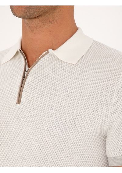 Açık Gri Slim Fit %100 Pamuk Fermuarlı Polo Yaka Triko T-shirt
