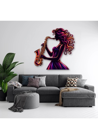 Neon Saksofoncu Kadın - Metal Tablo - Dec0243 70 X 72 Cm Çok Renkli
