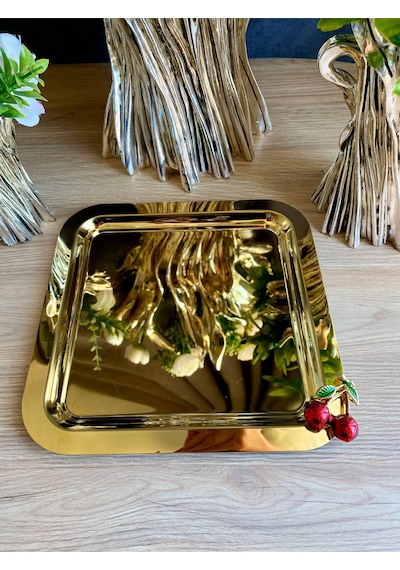 Atabey Home Collection 2 Adet Kahve & Çay & Sunum Tepsisi Gold Tepsi Kiraz Dökümlü