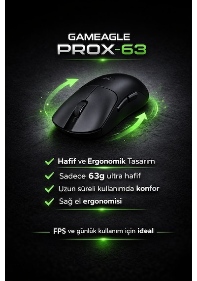 Gaming Kablosuz Mouse Siyah 63g Ultra Hafif 2.4g, Bluetooth, Type-c, 12800 Dpı Şarjlı Ergonomik Makrolu Tasarım Diğer