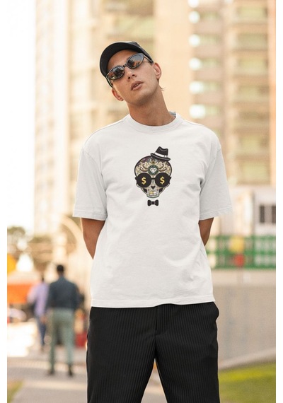 Erkek Özel Baskılı Modern Fit %100 Pamuk Bisiklet Yaka T-shirt Beyaz