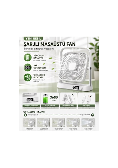 Bwfn9 Masaüstü Şarjlı Fan 120 Hız Kademeli Ultra İnce Led Şarj Göstergeli Vantilatör Serinletici Mini Klima