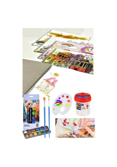 12 Renk Brons Sulu Boya 35x50 Cm Telli Spralli Resim Defteri Resim Paleti Resim Fırçası Temizleme Kabı Suluboya Okul Genel