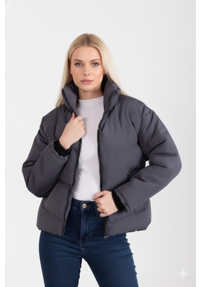 Blayn Jeans Kadın Kapüşonsuz Şişme Mont Antrasit