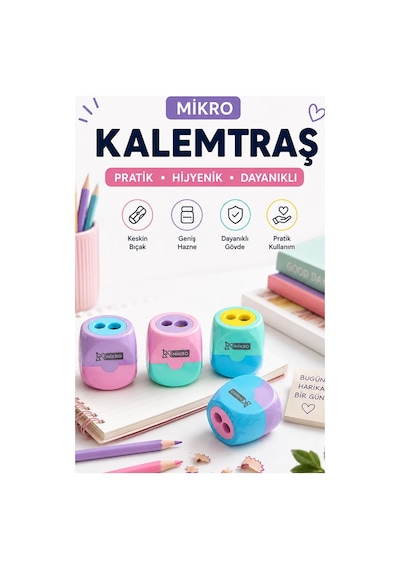 Pastel Renkli Küp Kalemtraş 4 Adet Mikro Mk-2023 Hazneli Çift Bıçaklı Kalem Açacağı Plastik Kalemtıraş Kalem Traş Okul