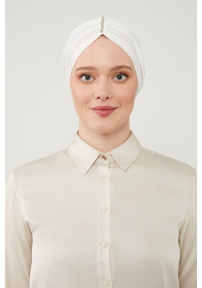 Melodi Scarf Kadın Tesettür Taşlı Dış Bone Beyaz Beyaz