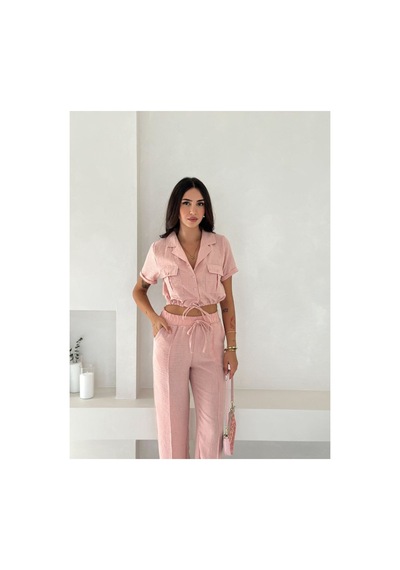 Wellway İthal Keten Kumaş İplik Detaylı Crop Gömlek & Pantolon İkili Takım -pembe Pembe