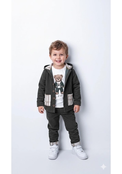 Bontino Erkek Çocuk %100 Pamuk Kadife Hırka, Pantolon Ve Ayıcık Baskılı Sweatli 3'lü Premium Seri K.yeşil Bontino Erkek Çocuk %100 Pamuk Kadife Hırka, Pantolon Ve Ayıcık Baskılı Sweatli 3'lü Premium Seri K.yeşil