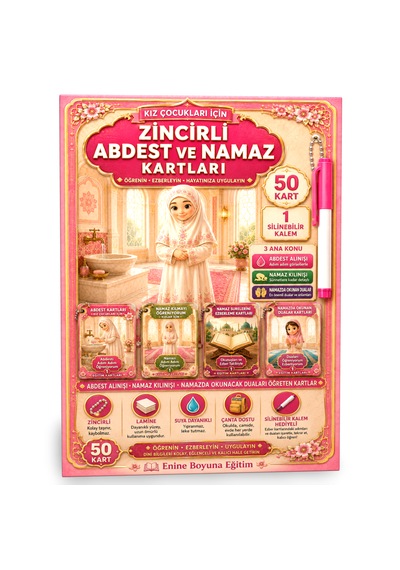 Kız Çocuklar İçin Zincirli Abdest Ve Namaz Kartları 50 Kart + Silinebilir Kalem