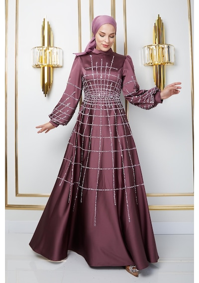 Olcay Önü Ve Kolları Taş Ve Pul Bezeli Kloş Saten Tesettür Abiye Elbise Gül Kurusu 1675 Olcay Önü Ve Kolları Taş Ve Pul Bezeli Kloş Saten Tesettür Abiye Elbise Gül Kurusu 1675
