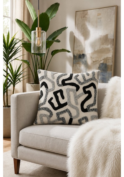 Elart Henna Desenli Kırlent Kılıfı 43x43 Cm Siyah