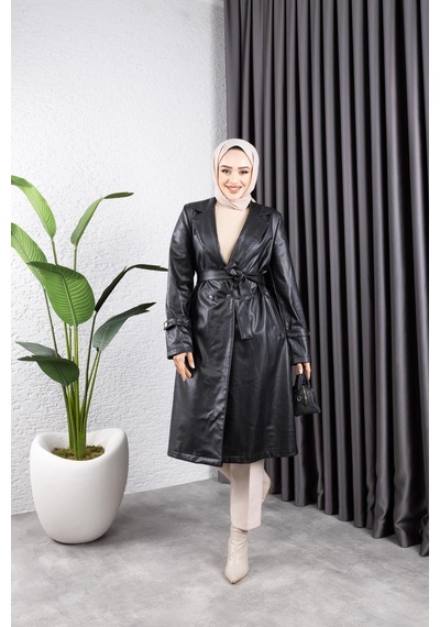 Harman Butik Kadın Deri Cepli Kuşaklı Trençkot Siyah Siyah