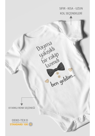 Morivokids Dayıya Özel Kısa Kollu Bebek Body %100 Pamuk Beyaz