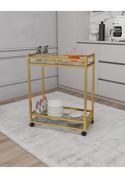 Çok Amaçlı Tekerlekli Sunum Servis Arabası Yan Sehpa Cam Raflı Gold Metal İskeletli Servant Genel