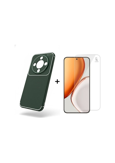 Honor Magic 8 Lite İle Uyumlu Karbon Tasarım Silikon Telefon Kılıfı Ve Temperli Cam Ekran Koruyucu Koyu Yeşil