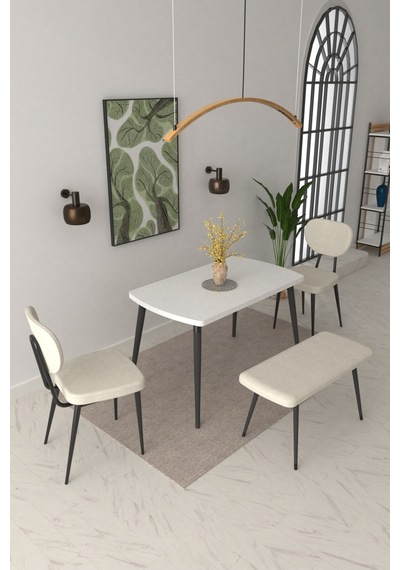 Vilinze Deniz Sandalye Dino Bank Argos Ahşap Mdf Sabit Mutfak Masası Takımı - 70x120 Cm Sigma Beyaz