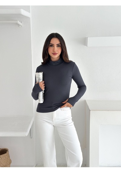 Kadın Yarım Balıkçı Yaka Parmak Geçmeli Full Likralı Buzz Body Antrasit