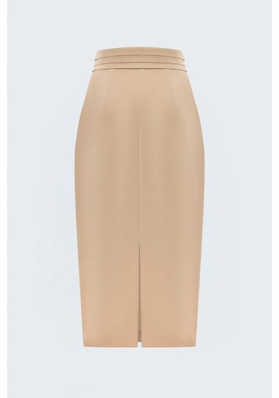 Sateen Düğme Detaylı Midi Etek - Koyu Bej-137807