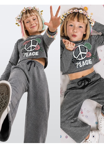 Kız Çocuk Eşofman Takım Crop Sweatshirt - İspanyol Paça Eşofman Altı (7-12 Yaş)