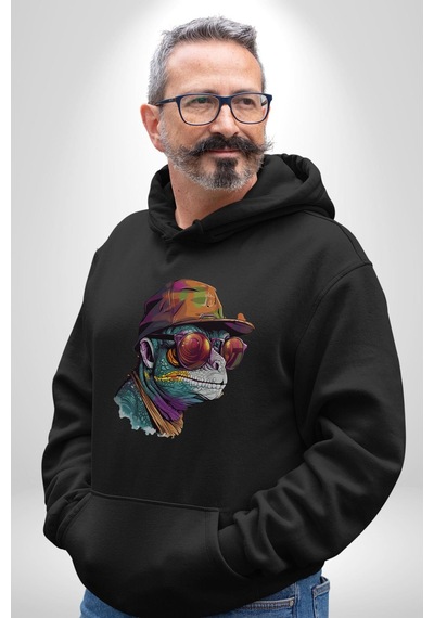 Gözlük Şapka Mukalemun Kadın Erkek Siyah Kapüşonlu Sweatshirt Hoodie Siyah