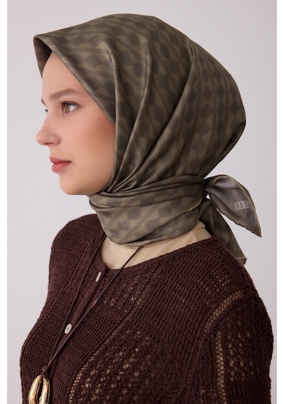 Belli Geometrik Desen %100 Twill İpek Eşarp Be25 Yeşil