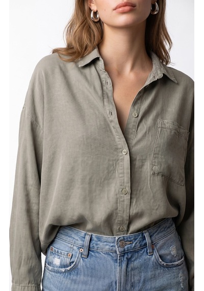 Mixray 4963 Kadın Tencel Kumaş Oversize Cepli Uzun Kollu Gömlek Vizon